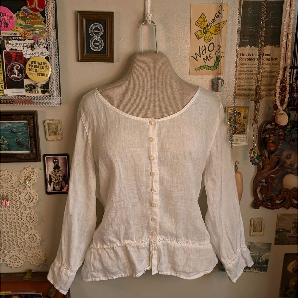 Linen Peplum Button Down Shirt Women's Large White